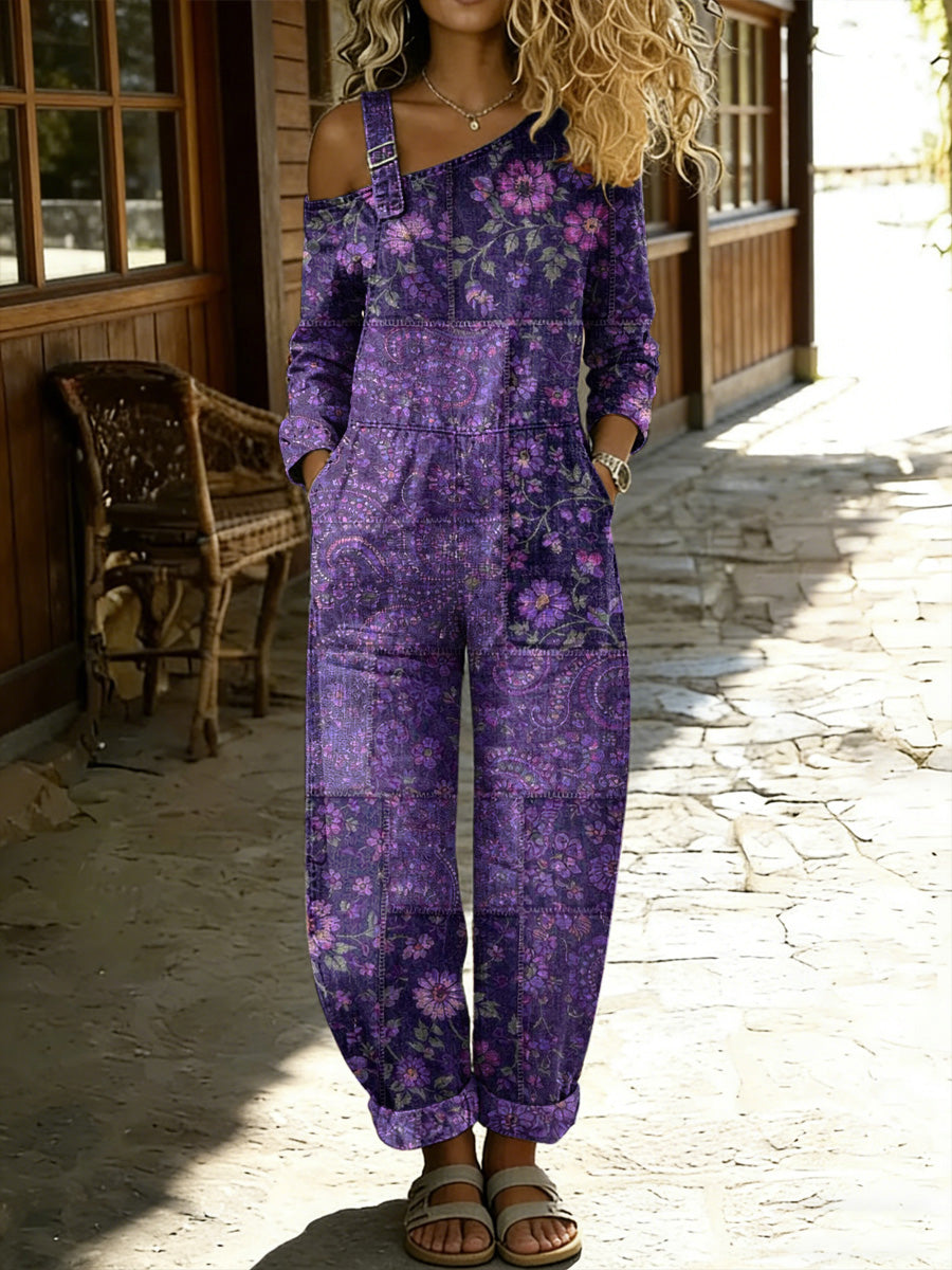 Women's Retro Floral Color-Blocked Art Print Washed Cotton Denim Patchwork Jumpsuit